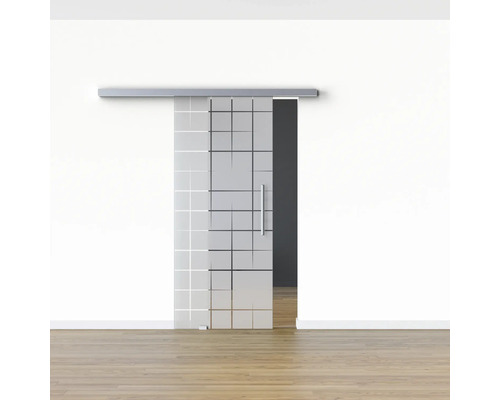 Schiebetür aus Glas mit grafischem Muster in einem hellen Raum