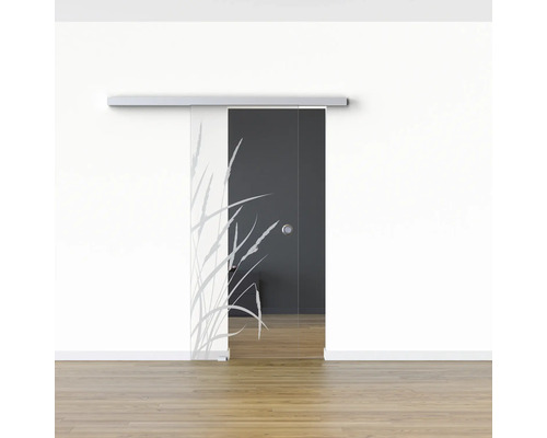 Glasschiebetür mit Gräserdesign vor einer Wand