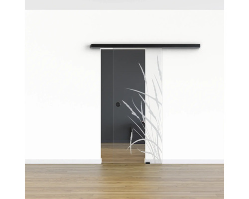 Schiebetür aus Glas mit Gräser-Motiv vor weißer Wand