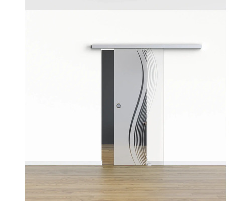 Schiebetür aus Glas mit Muster vor einer Wand