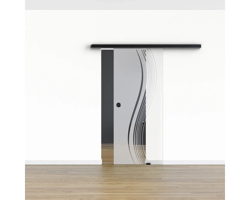 Schiebetür aus Glas mit horizontaler Laufschiene und Wellenmuster