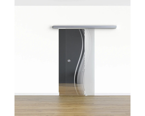 Schiebetür aus Glas mit einem wellenförmigen Dekor im Raum.