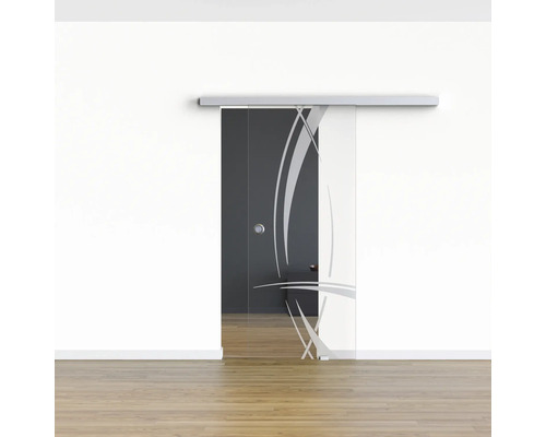 Schiebetür aus Glas mit abstrakten Verzierungen in einem Raum