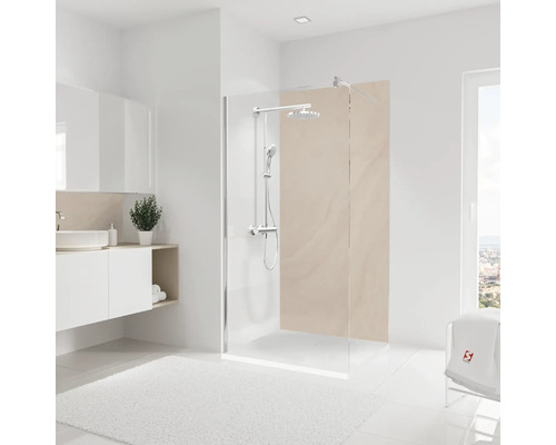 Duschrückwand Schulte Decodesign 2100x1000x3 mm Steinoptik Sandstein Badezimmer mit Dusche, Duscharmatur und Waschbecken auf einem Schrank