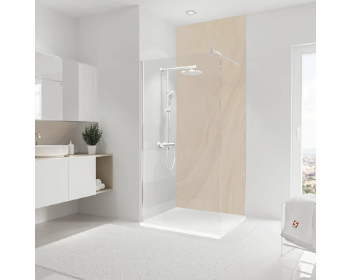 Duschrückwand Schulte Decodesign 2550x1000x3 mm Steinoptik Sandstein Helles Badezimmer mit Duschkabine, Waschtisch und weichem Teppich