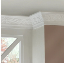 Detailaufnahme einer Zierleiste an der Decke und einem Fensterrahmen