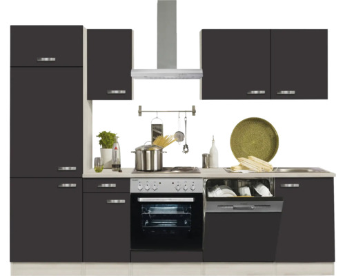 Küchenzeile mit Schränken, Spüle, Herd, Ofen, Dunstabzugshaube und Geschirrspüler