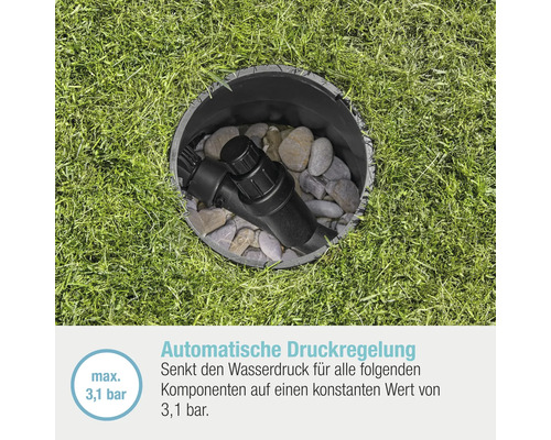 Versenkregner mit Druckminderer in einem Installationsrohr