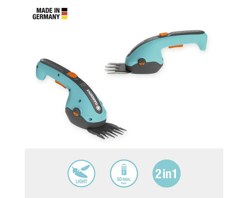 Gardena Akku-Grasschere mit dem Hinweis Made in Germany