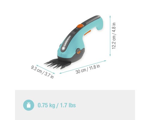 Gardena Akku Grasschere mit Abmessungen