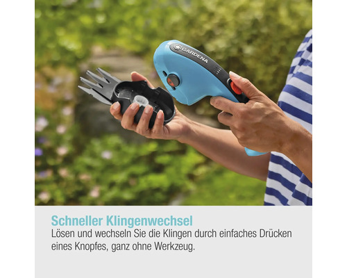 Gardena Akku-Grasschere mit wechselbaren Messern in der Hand.