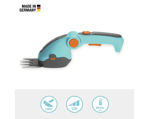 Gardena Akku-Grasschere mit dem Hinweis Made in Germany, leicht, LED-Anzeige und maximal 80 Minuten Laufzeit