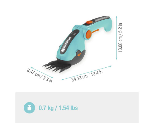 Gardena Akku-Grasschere mit Abmessungen und Gewicht