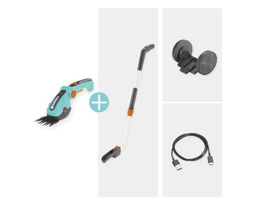 Gardena Akku Grasschere Set mit Teleskopstiel, Radsatz und USB-C Ladekabel