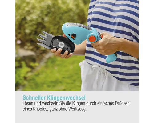 Gardena Akku Strauchschere mit abgenommenem Messerkopf in den Händen einer Person