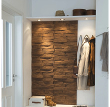 Eingangsbereich mit Holzverkleidung, Regal und Garderobe.