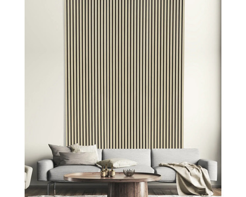 Wohnzimmer mit Akustikpaneelen an der Wand und grauer Couch