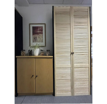 Schrank mit zwei Türen und Jalousiefront neben einem Sideboard mit einem Bild darüber