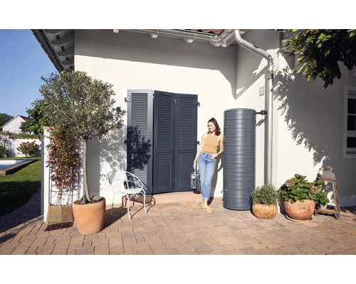 Garten Szene mit Regentonne, Haustür mit Fensterläden und Frau mit Gießkanne