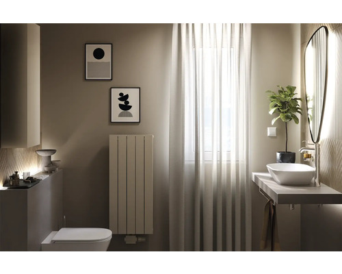 Modernes Badezimmer mit Waschbecken, Spiegel, Heizkörper und Dekorationen
