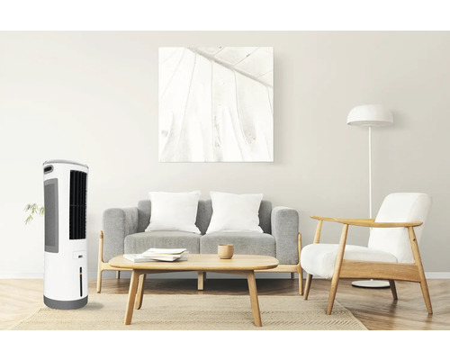 Luftkühler im Wohnzimmer mit Sofa, Tisch und Sessel.