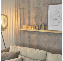 Wohnzimmer mit Wandpaneelen in Betonoptik, Regal, Dekoration und Stehlampe
