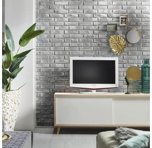 Wohnzimmer mit Fernseher, Kommode, Zimmerpflanze und Dekoration an einer Backsteinwand