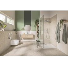Helles Badezimmer mit Toilette, Waschtisch, Spiegel, Dusche und Dekorationen.
