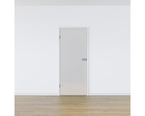Zimmertür aus Glas mit Beschlägen und Türgriff vor einer weißen Wand