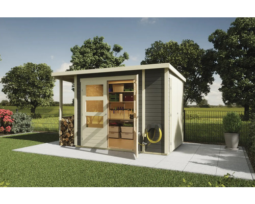 Gartenhaus Karibu Davos Pultdach inkl. Anbauschrank 300 x 186,5 cm terragrau Gartenhaus mit geöffneter Tür und Regalen zur Aufbewahrung von Gartengeräten