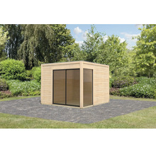 Modernes Gartenhaus mit Schiebetüren aus Holz