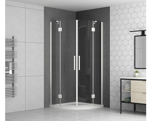 Duschkabine mit Drehtüren und Handtuchheizkörper im Badezimmer.