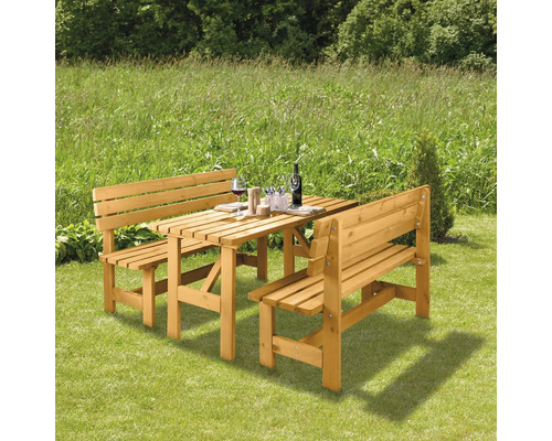 Holzbiertischgarnitur mit Tisch und zwei Bänken im Garten