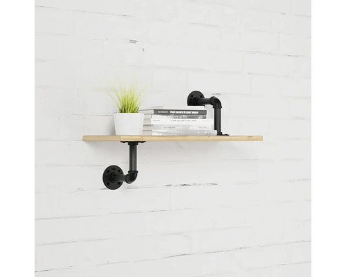 Wandregal mit Holzbrett und schwarzer Metallhalterung im Industrial Design
