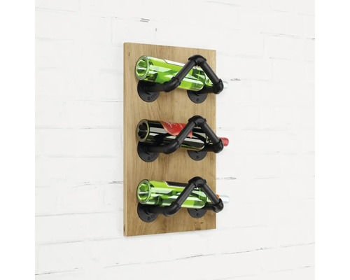 Weinregal aus Holz mit drei Flaschenhaltern aus Metall