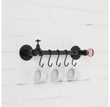 Schwarze Tassenleiste im Industrial Design mit Wasserhahn und Ventildekor zur Wandmontage.