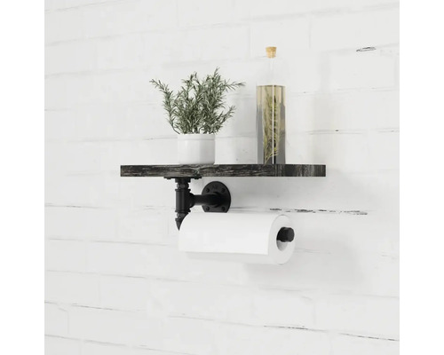 Regal mit Papierrollenhalter aus Holz und Metall mit Dekoration