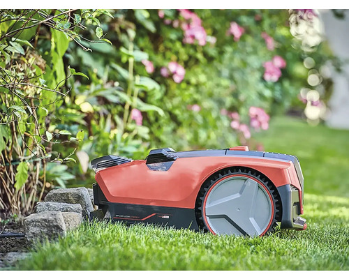 Mähroboter auf Rasen im Garten