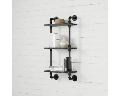 Wandregal mit drei Ebenen im Industrial Design, gefertigt aus Holz und Metallrohren