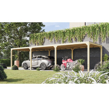 Doppelcarport aus Holz mit Auto und Motorrad