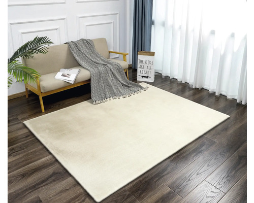 Beiger Teppich auf Holzboden in einem hellen Wohnzimmer mit Sofa und Dekoration