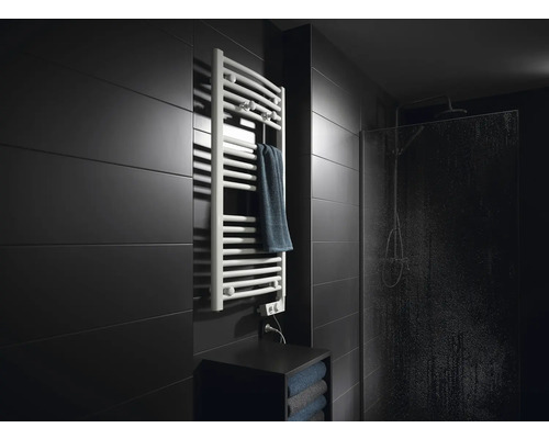 Badezimmer mit Handtuchwärmer, Handtuch und Dusche