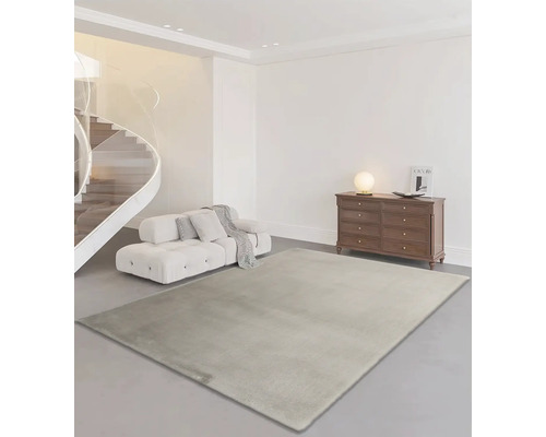 Wohnzimmer mit Teppich, Sofa, Kommode und Wendeltreppe