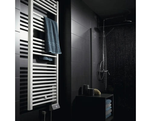Badezimmer mit Handtuchwärmer, Dusche und Ablageregal