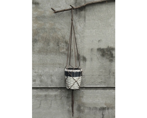 Pflanzenampel mit geflochtenem Übertopf hängt an einem Ast