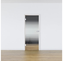 Zimmertür aus Glas mit horizontalen Streifen in einem hellen Raum