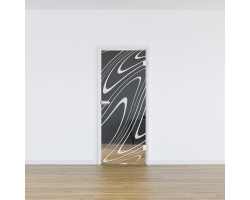Glastür mit grafischem Muster in einem minimalistischen Raum