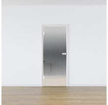 Glastür mit satinierten Streifen und Griff in einer Wand
