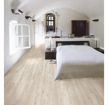 Helles Schlafzimmer mit Holzboden, Bett und Gewölbedecke