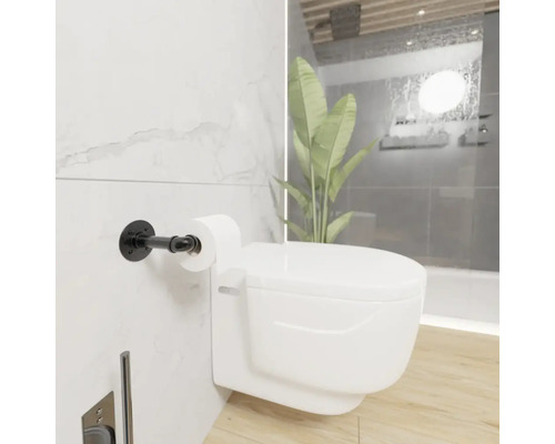 Modernes Badezimmer mit wandhängendem WC und Toilettenpapierhalter im Industrie-Stil